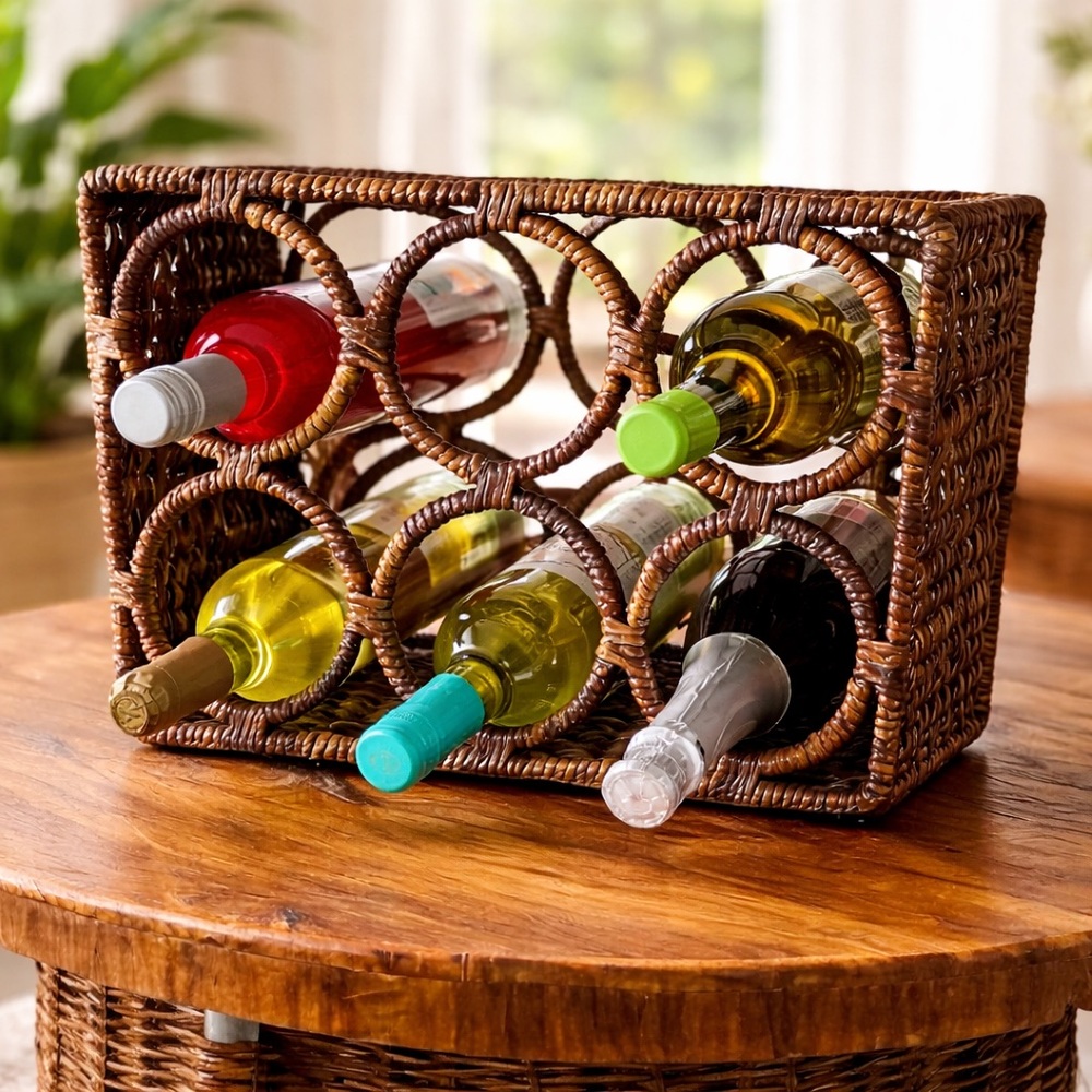 Wicker Wine Rack 6 Bottle Holder Rattan Woven Boho Rustic Coastalcore Countertop - Picture 5 of 6